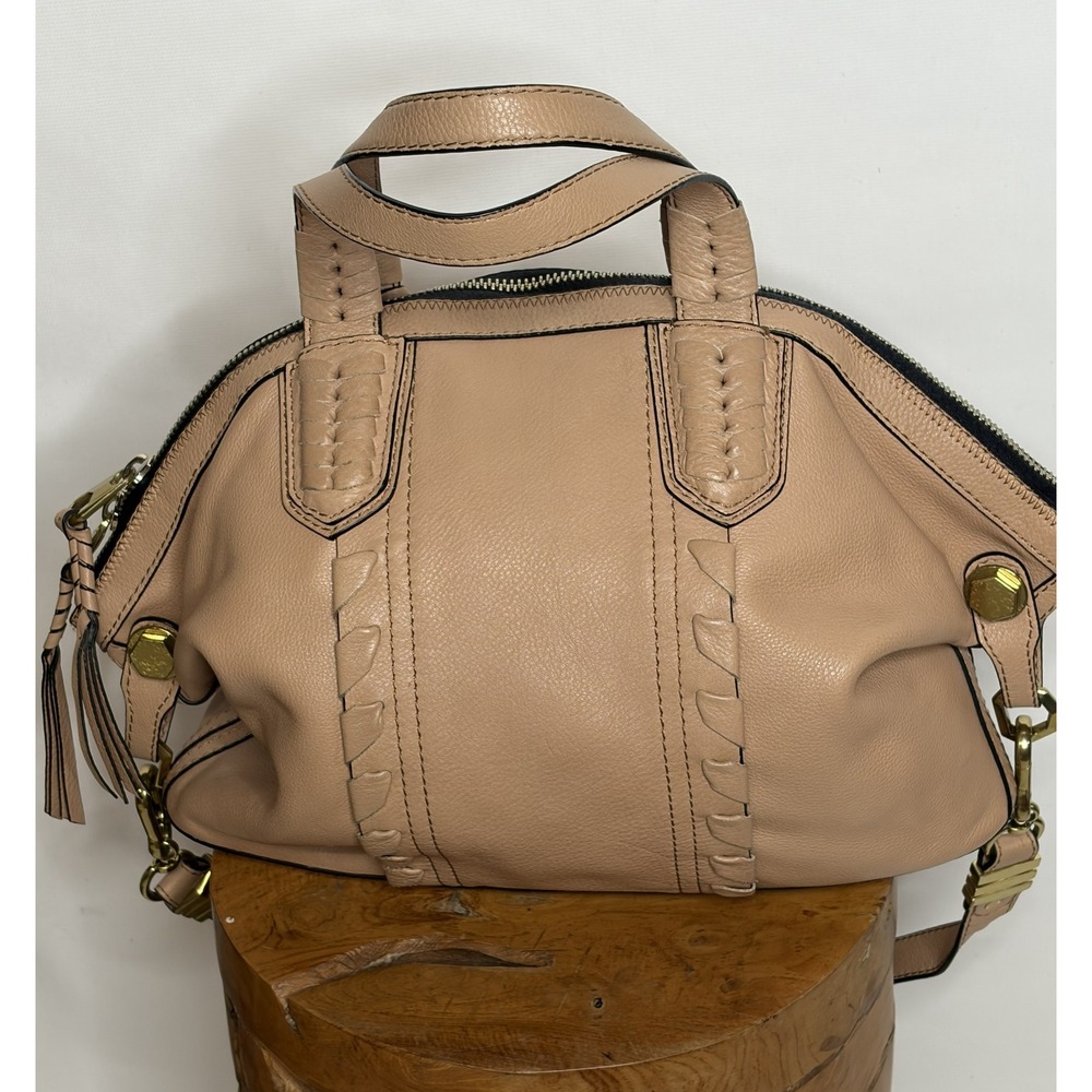 Oryany Tan Leather Whipstitch Satchel Crossbody Handbag Gold Hardware - Picture 3 of 10